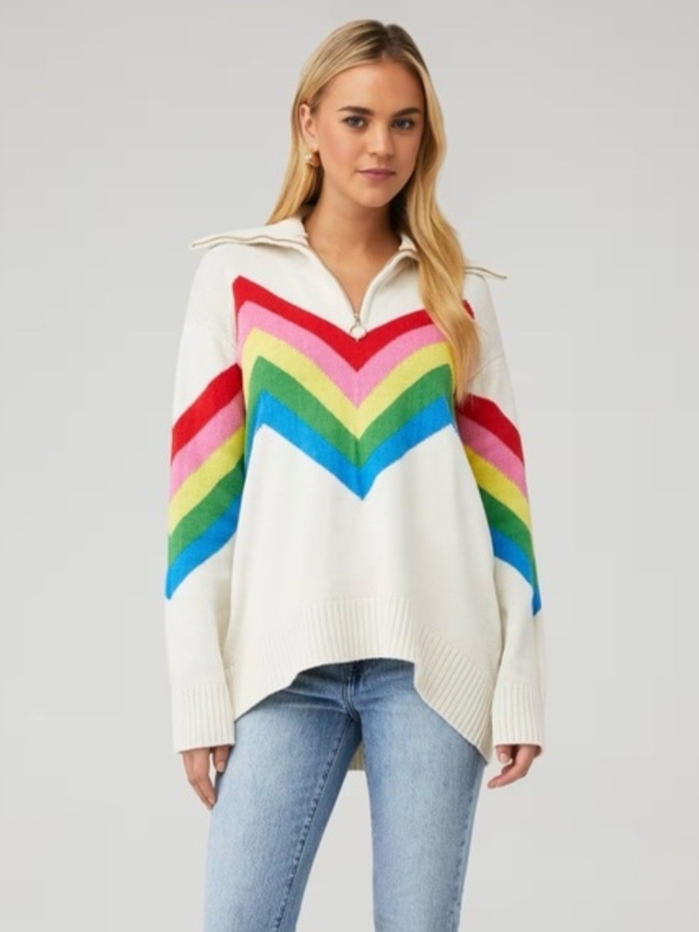 Cream Chevron Zip-Neck Sweater with Rainbow Stripes - Picture 2 of 6